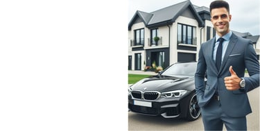 Un leader en mlm devant sa maison et sa voiture de luxe
