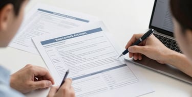 Close-up of hands reviewing detailed financial paperwork with a pen on a clean white surface.
