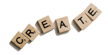 Wooden Scrabble tiles spelling out the word "CREATE" diagonally on a light-colored background.