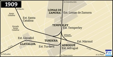 Temperley Llavallol mapa de la red ferroviaria 1909