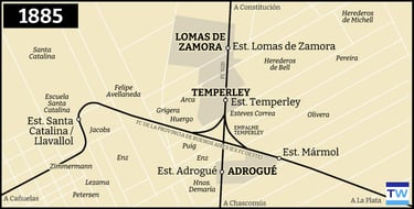 Temperley Llavallol mapa de la red ferroviaria 1885