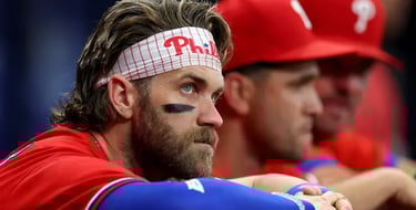 Bryce Harper from the dugout during a regular season game in 2025.  