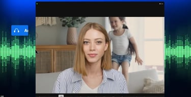 una chica mirando la camara, atras una niña saltando en un mueble o soufa
