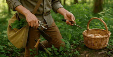 Person harvesting wild plants into baskets using knife and canvas bag during foraging expedition