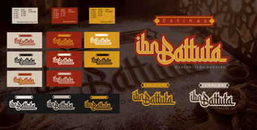 Identidade visual para esfiharia árabe Ibn Battuta com variações de logotipo, paleta de cores e apli