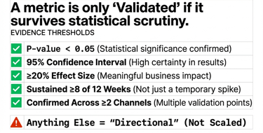 Metrics were only considered validated if they met strict evidence thresholds. These included statis