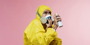 Man looking very afraid in his PPE