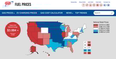 a screenshot of AAA fuel prices as of March 19, 2026, showing a national average increase of $3.884.