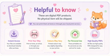 Information graphic for digital PDF products featuring a cute fox, icons for instant download, and printing tips.