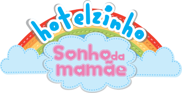 Hotelzinho Sonho da Mamãe logo with a colorful rainbow and clouds for a daycare center.