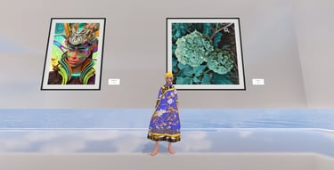 a woman in a blue dress with yellow hair