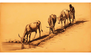 a man with cows at a waterhole