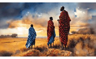 a painting of a man and a woman and child in a red and blue dress