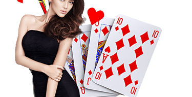 a woman in a black dress holding a pair of cards