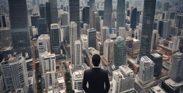 Cozy urban apartment interior with stylish furniture and large windows overlooking the city.