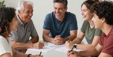 A warm gathering of diverse Premont residents sharing ideas around a community table with laptops and notes.