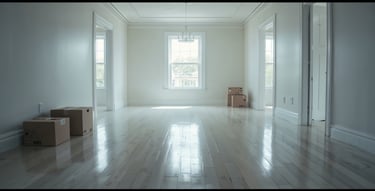 Empty bright living room with polished hardwood floors and cardboard moving boxes in a new home.