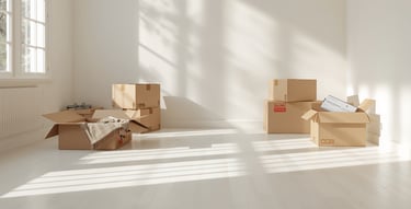 Cardboard moving boxes in a bright, empty room with sunlight streaming onto the floor.