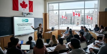 Professor teaching ESET cybersecurity in a Canadian university classroom with Canada flags.