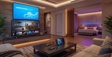 Luxury apartment gaming setup with console on TV, gaming PC, tablet and smartphone games, modern multi-device environment