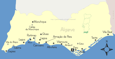 Map of Algarve, Portugal showing major coastal cities like Lagos, Albufeira, and Faro.