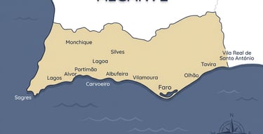 Map of Algarve, Portugal, showing major coastal cities like Lagos, Albufeira, Faro, and Tavira.