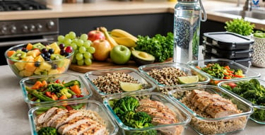 Weekly healthy meal prep with grilled chicken, quinoa, vegetables, fruit, and reusable food containe