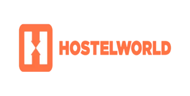 Hostelworld logo featuring an orange icon and text on a black background for budget travel bookings.