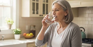 Pessoa com mais de 50 anos mantendo hábitos saudáveis em casa, segurando copo de água em cozinha clara e moderna.
