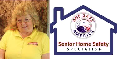 Smiling woman in yellow shirt beside Age Safe America senior home safety logo