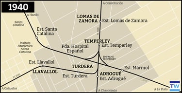 Temperley Llavallol mapa de la red ferroviaria 1940