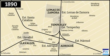 Temperley Llavallol mapa de la red ferroviaria 1890