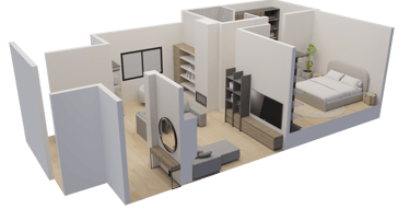 Modern 3D studio apartment floor plan with minimalist living room, bedroom, and wood flooring.