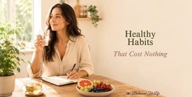 Woman drinking water and journaling in a bright kitchen for an article about healthy habits 