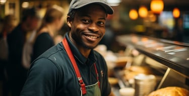 a man in a hat and aprons standing in front of a counter