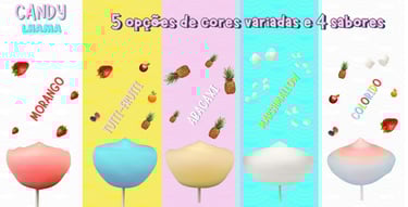 Sabores de algodao doce coloridos: morango, tutti-frutti, abacaxi e marshmallow