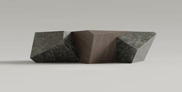 Table basse Pyrite en labradorite et noyer, cubes tronqués imbriqués