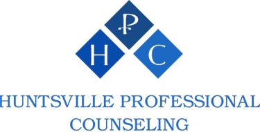Huntsville Professional Counseling logo with blue diamond icons and a Chi Rho symbol on a black background.