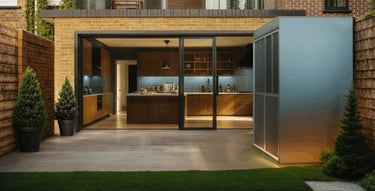 SteelShack retractable outdoor home gym closed position in a backyard