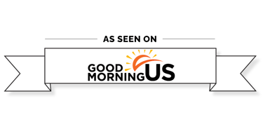 As seen on Good Morning US logo featuring a sun icon inside a white banner ribbon.