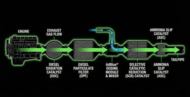 Diagram of a Euro VI aftertreatment system showing exhaust flowing through DOC, DPF, AdBlue mixer, SCR, and ASC.