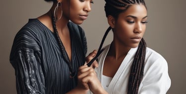 Portrait of a smiling female hairdresser with short curly hair in a salon.