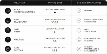 Comparison chart of hair loss treatments showing costs and maintenance for scalp micropigmentation and transplants.