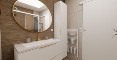 Salle d'eau rénovée avec revetement carrelage effet bois, mobilier blanc laqué et robinetterie or