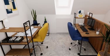 Aménagement bureau couleur jaune et bleu électrique et mobilier au style industriel