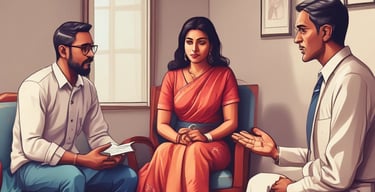 A professional consultation setting with a medical professional sitting at a desk facing a client. The room has a modern aesthetic with white walls decorated with framed certificates. The desk is organized with office supplies, a laptop, and a fruit bowl in the center.