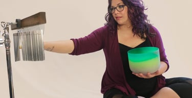rachel in a sound bath, white background 