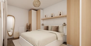 Chambre bohême avec rangement sur mesure autour du lit 