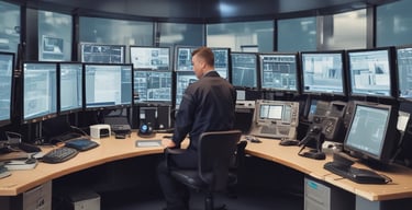 A guard dressed in a formal uniform stands at attention in a sentry box outside a grand historic building with stone walls and large windows. An archway to the right shows part of a courtyard with parked cars and a couple of people walking in the background.