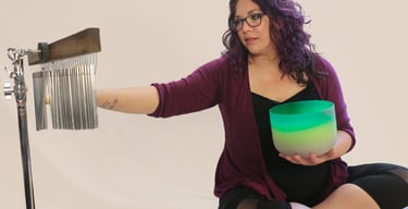 rachel in a sound bath, white background